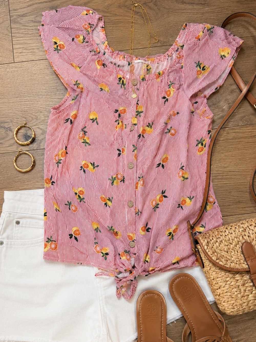 Pink Floral Tie-Front Blouse with Ruffle Sleeves by Oddi